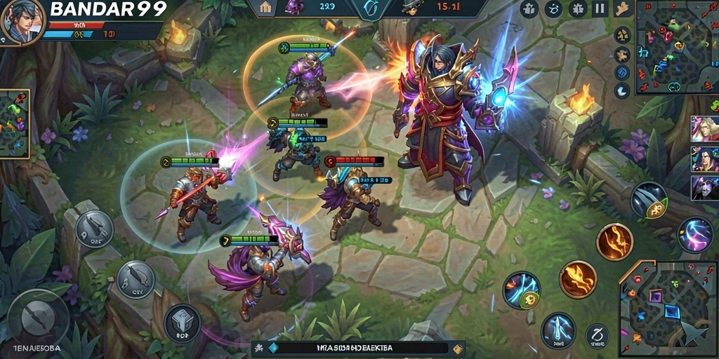 Screenshot utama BANDAR99 menampilkan pertarungan MOBA yang seru.