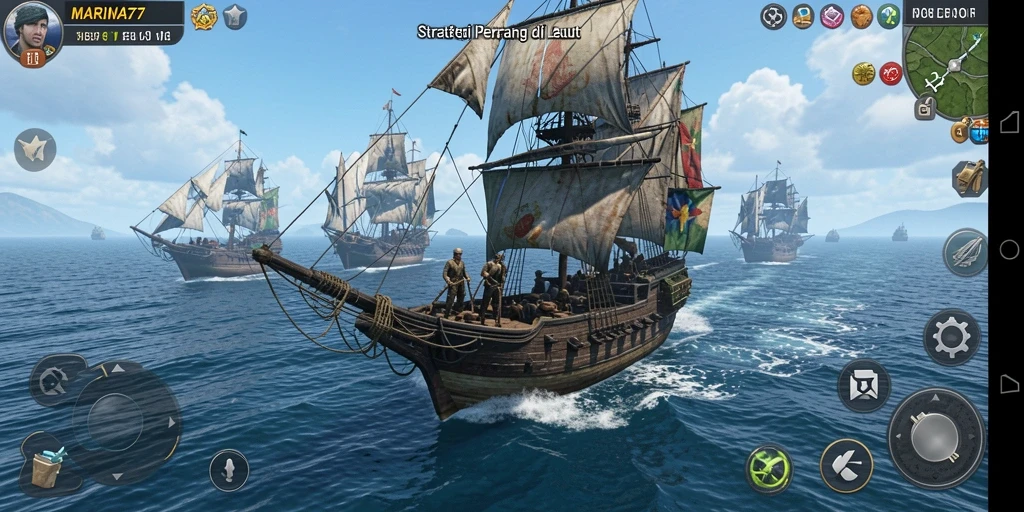 Screenshot tampilan gameplay <strong>MARINA77</strong> dengan lautan dan kapal tempur yang epik.