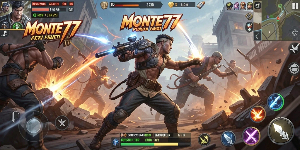 Screenshot gameplay action MONTE77 menampilkan pertarungan seru dan grafis yang menakjubkan.