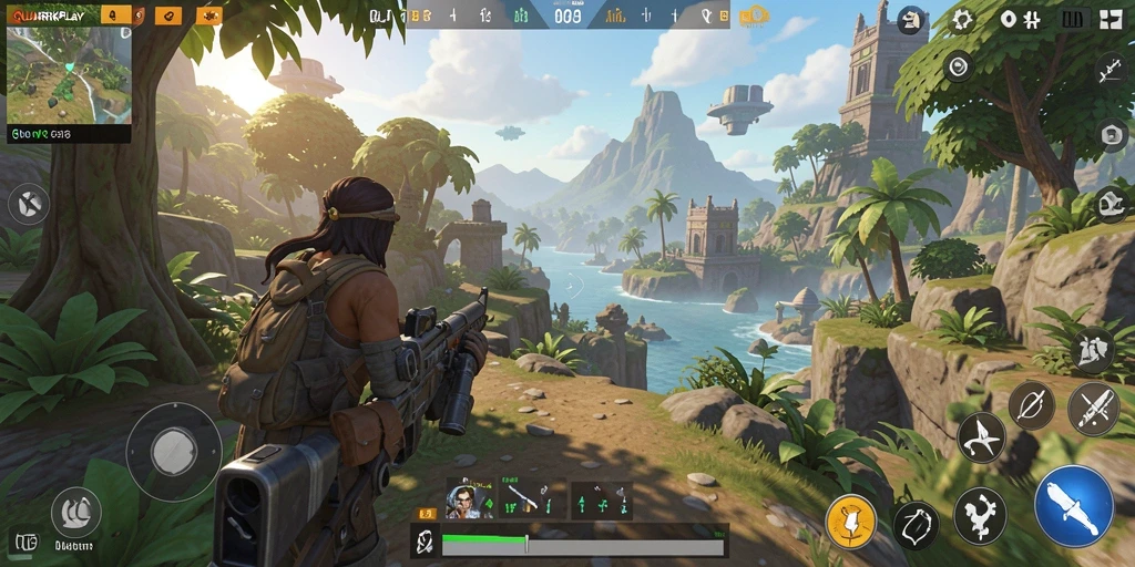 Screenshot gameplay dari QUARKPLAY, menunjukkan eksplorasi dunia terbuka yang indah.