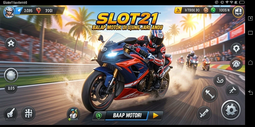 Tampilan gameplay SLOT21 dengan balapan motor yang mendebarkan.